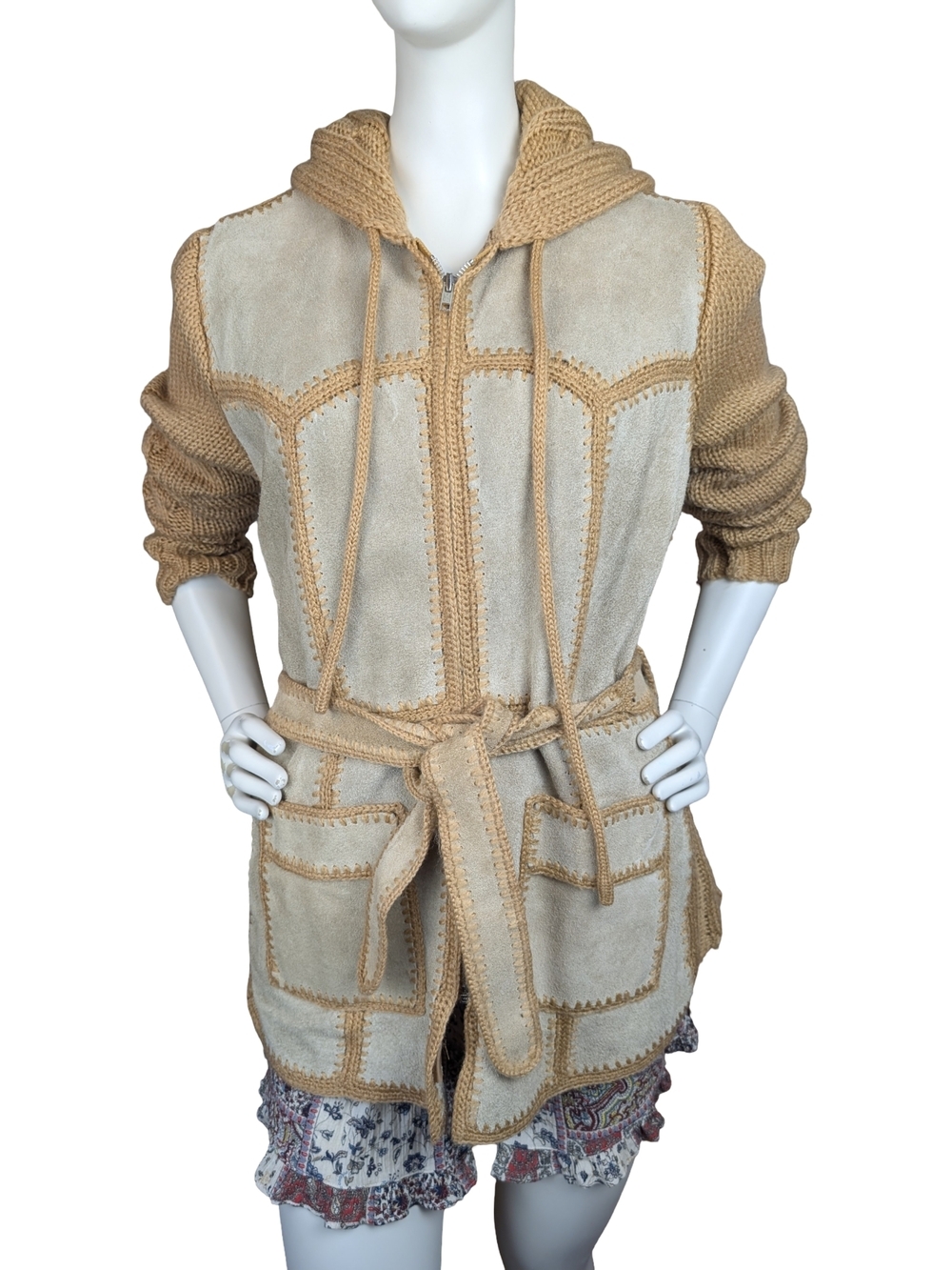 Vintage 70s Suede Leather Knit Hooded Belted Boho Western Jacket M